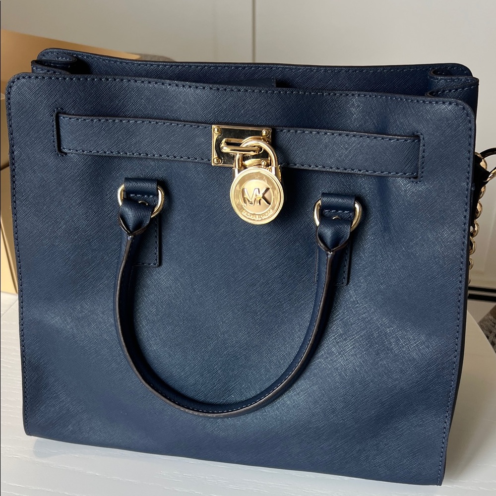 Michael Kors Hamilton Large Navy Blue with Gold Lock Tote Bag-Never Used